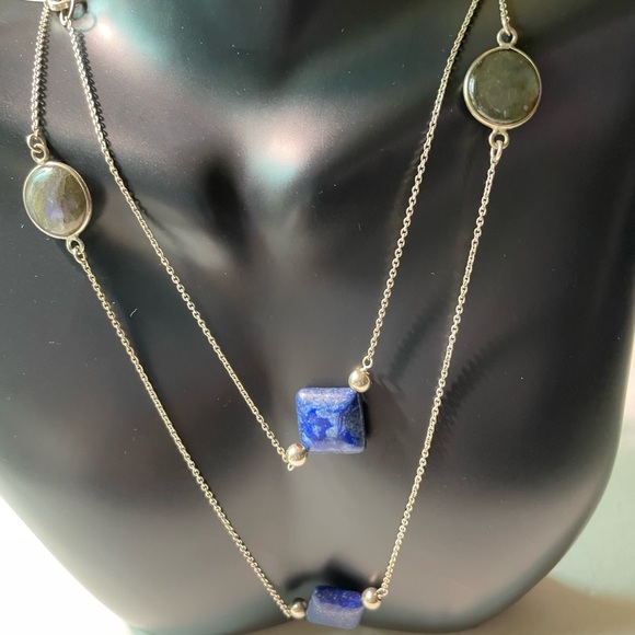 Lapis and Round Labradorite 925 Sterling Silver Station Necklace 36” - Picture 15 of 15